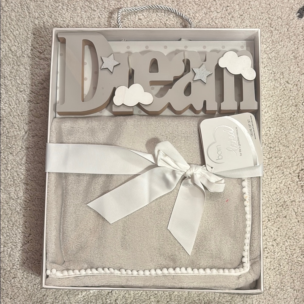 Gray and White Baby Blanket with Dream Decor